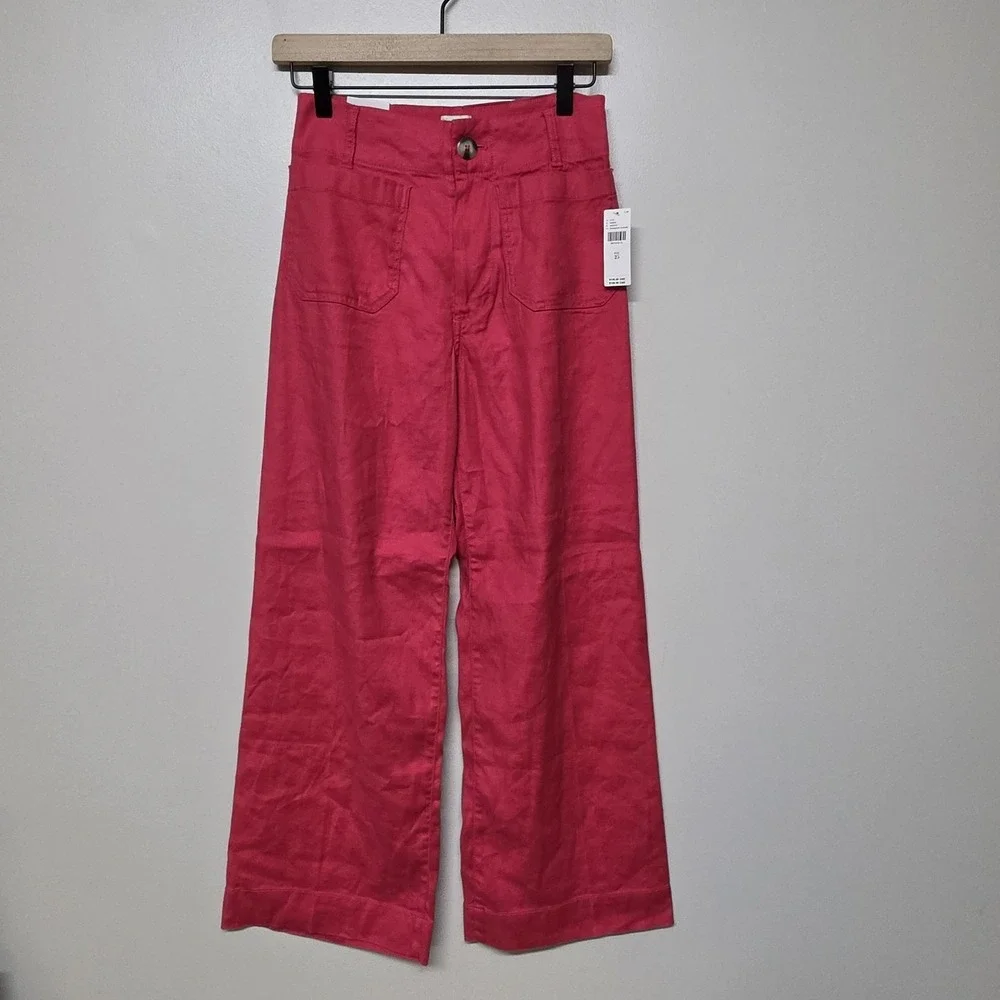 Anthropologie Maeve The Colette Cropped Linen‎ Wide-Leg Pants Pink Sz 25 NWT